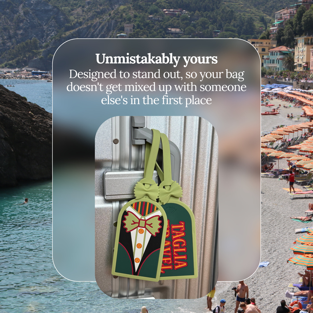 Unmistakably yours: the bold Fancy in Farfalle tag helps your bag stand out at baggage claim