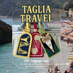 Three Taglia Travel NFC luggage tags on a suitcase, for tap-to-identify with no paper inserts