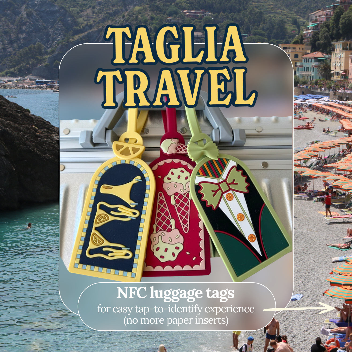 Three Taglia Travel NFC luggage tags on a suitcase, for tap-to-identify with no paper inserts