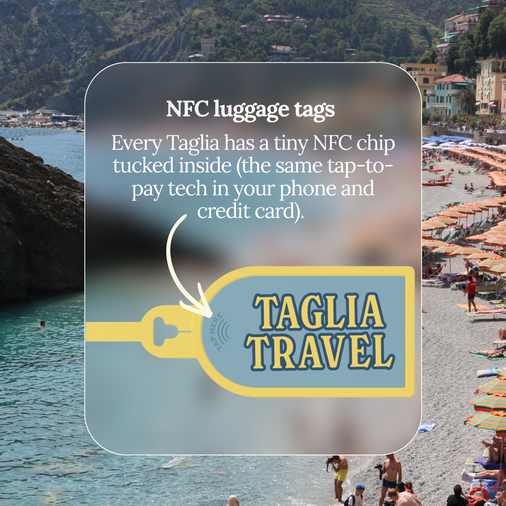 NFC luggage tags: every Taglia has a tiny NFC chip inside, the same tap-to-pay tech as your phone