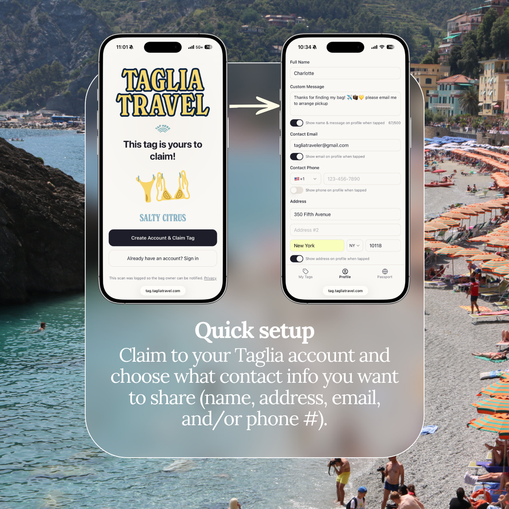 Quick setup: claim your Taglia tag to your account and choose which contact details to share