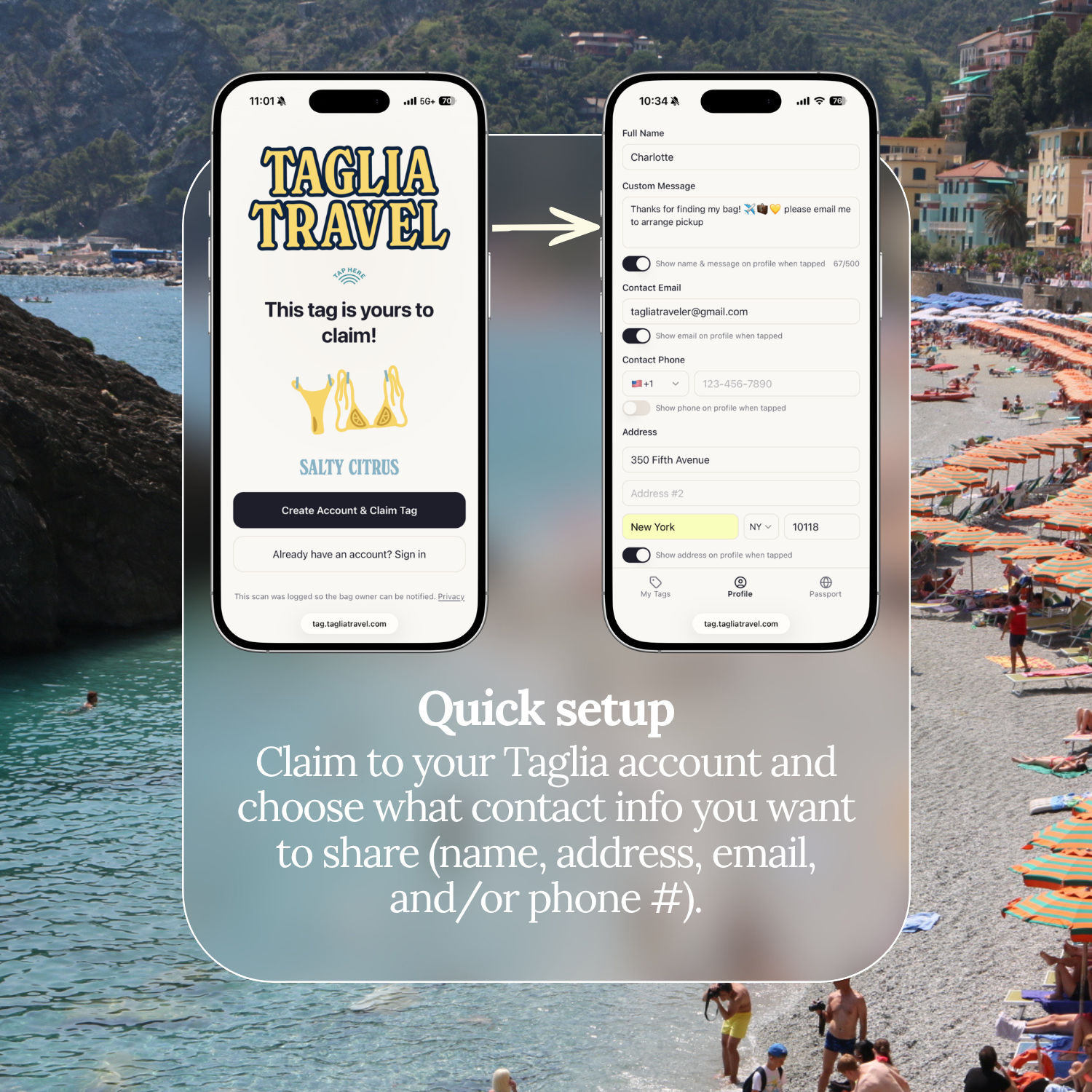 Quick setup: claim your Salty Citrus tag to your Taglia account and choose which contact details to share