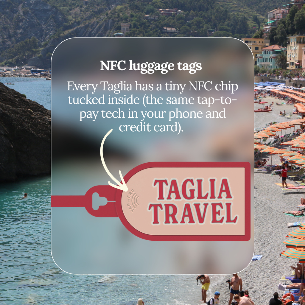 NFC luggage tags: every Taglia has a tiny NFC chip inside, the same tap-to-pay tech as your phone