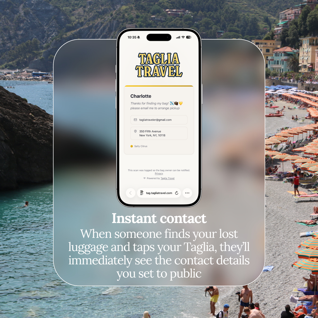 Instant contact: whoever finds your bag taps the tag and sees the contact details you chose to make public