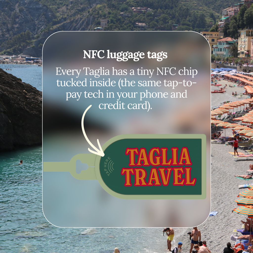 NFC luggage tags: every Taglia has a tiny NFC chip inside, the same tap-to-pay tech as your phone