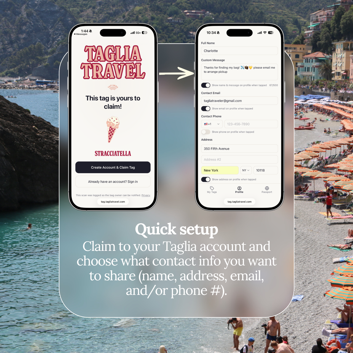 Quick setup: claim your Stracciatella tag to your Taglia account and choose which contact details to share