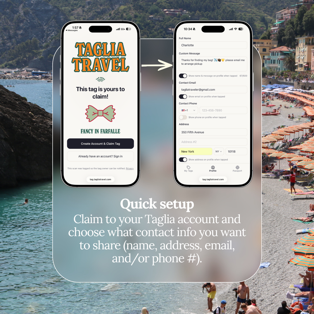 Quick setup: claim your Fancy in Farfalle tag to your Taglia account and choose which contact details to share