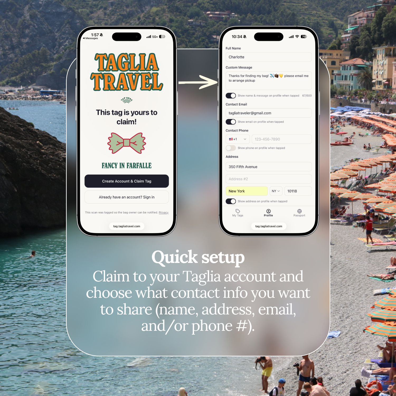 Quick setup: claim your Fancy in Farfalle tag to your Taglia account and choose which contact details to share