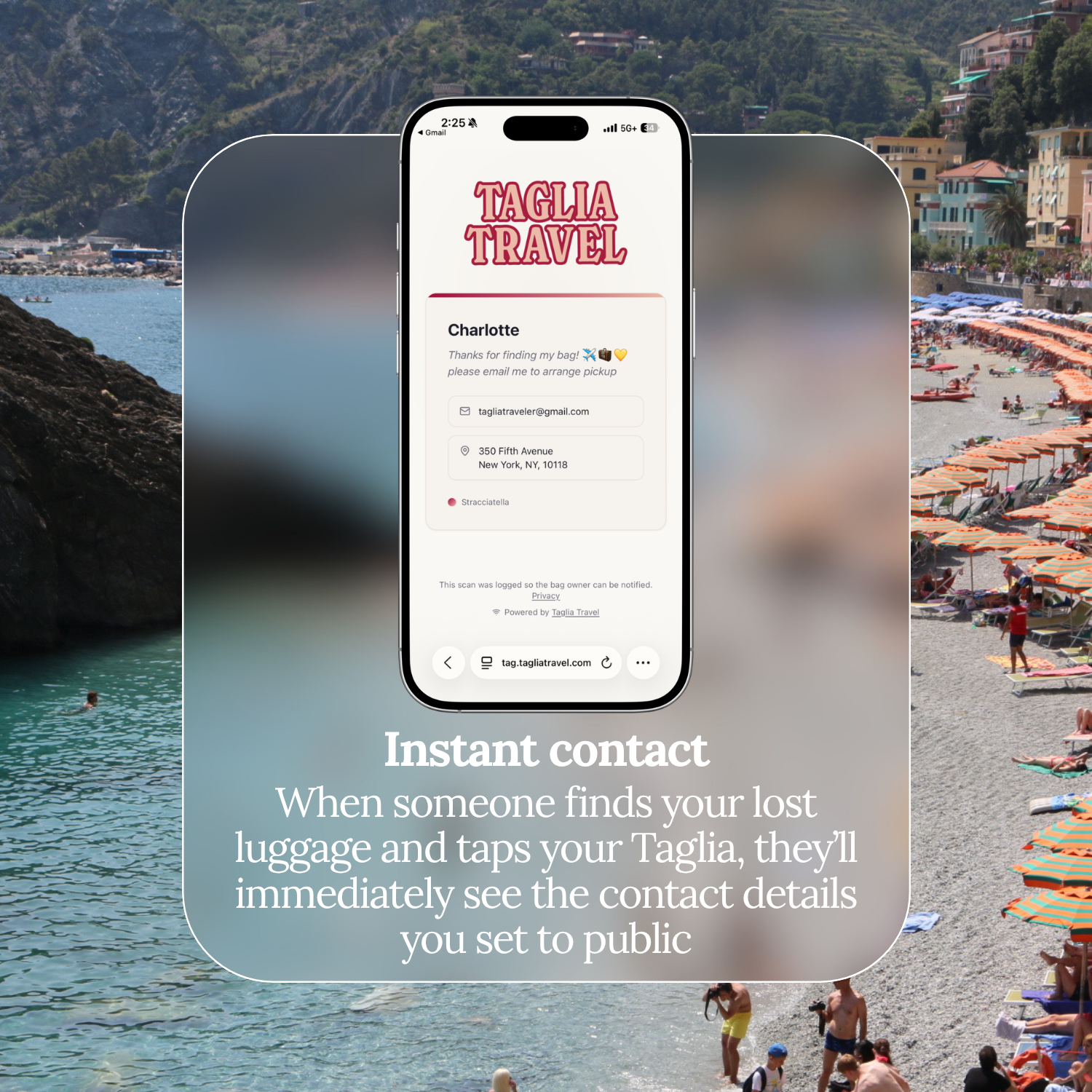 Instant contact: whoever finds your bag taps the tag and sees the contact details you chose to make public