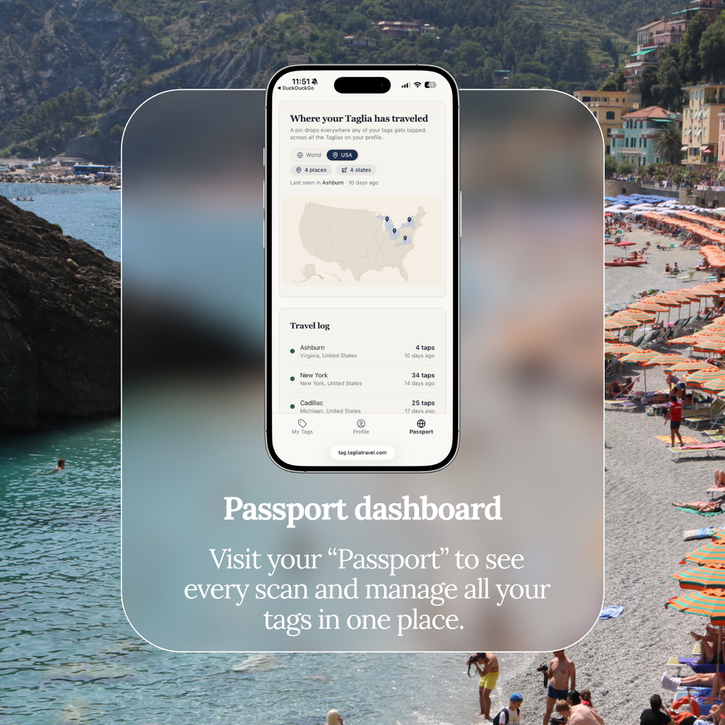 Taglia Passport dashboard showing a travel log and map of everywhere your luggage tag has been tapped