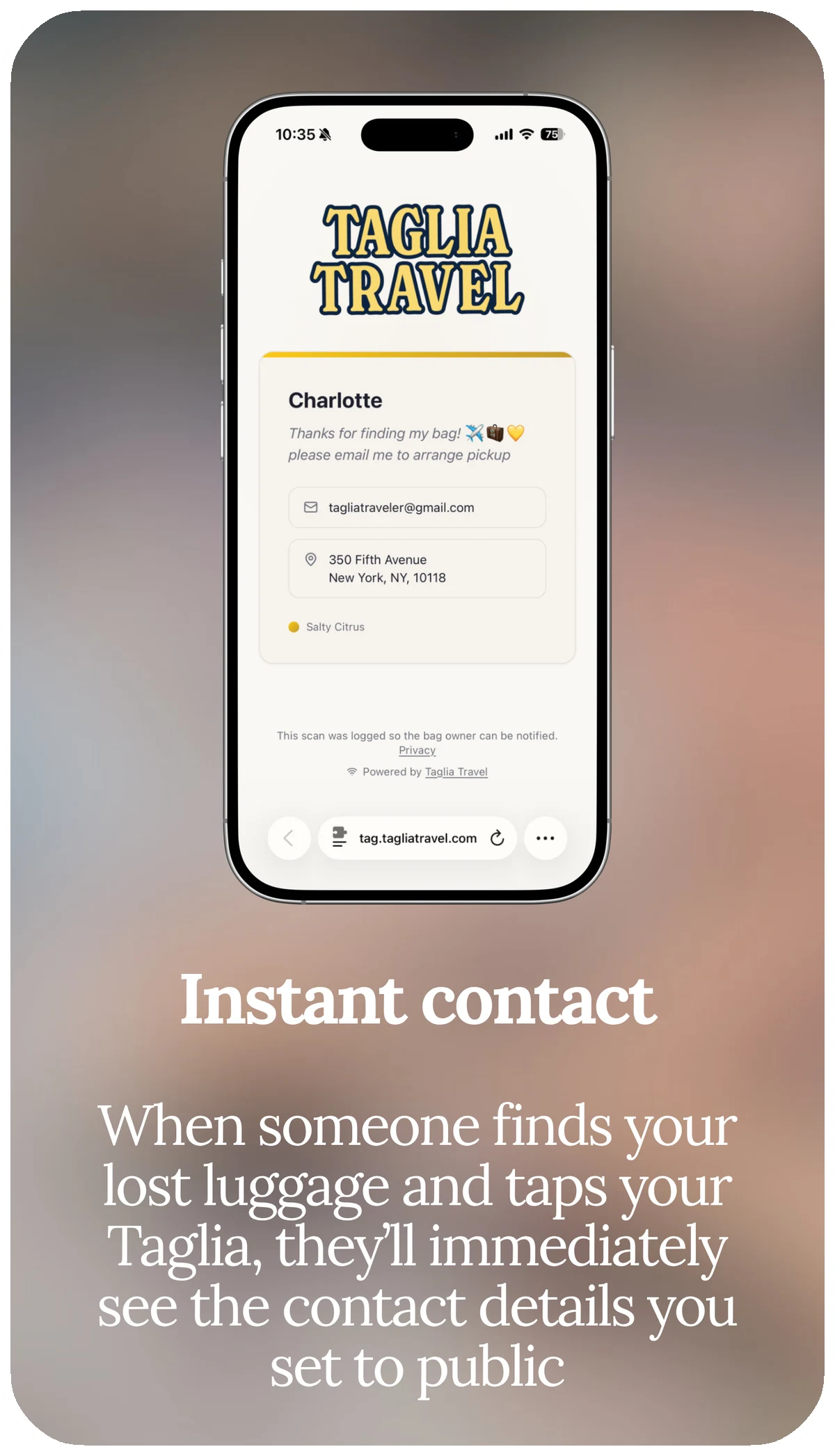 Instant contact: whoever finds your bag sees the details you set to public